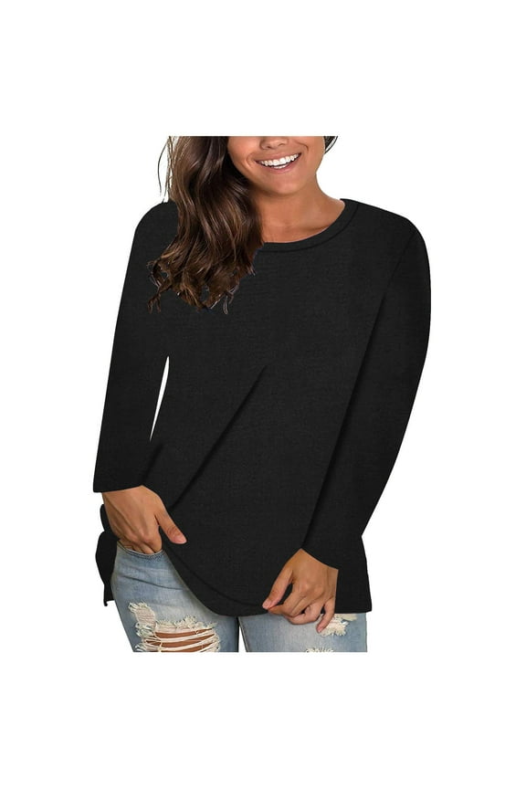 Womens Thermal Tops Long Sleeve Crewneck Basic Winter Shirts Solid Color Plus Size Blouse Loose Fit Casual Tshirt, S-4XL
