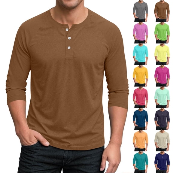 Txeol 3/4 Sleeve Blouse for Men Solid Casual Button V Neck Henley Shirts Cotton Comfy Workout Tees Tops,Gold,L