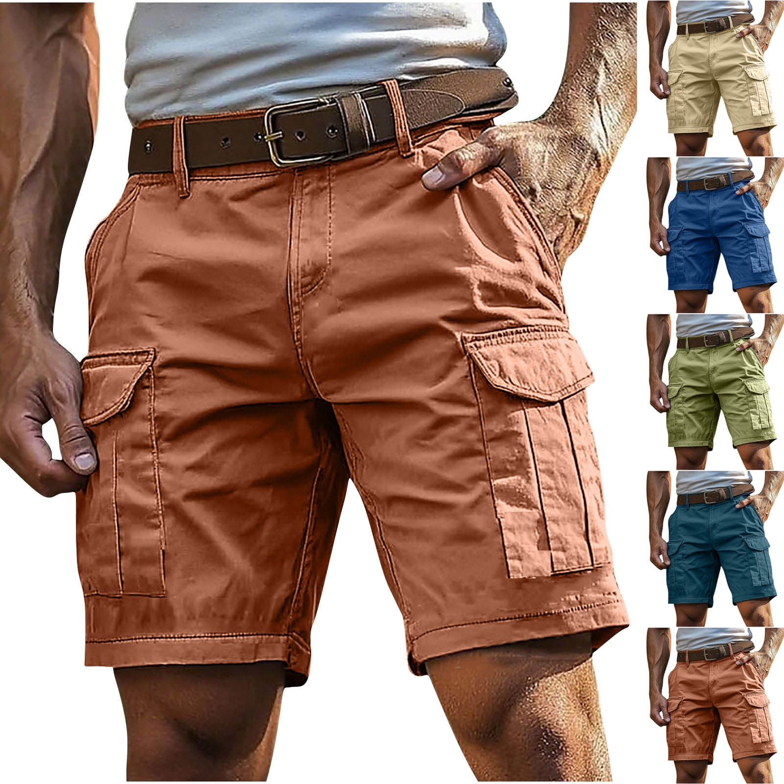 Txeol Cargo Half Pants for Men Elastic Waist Linen Shorts with