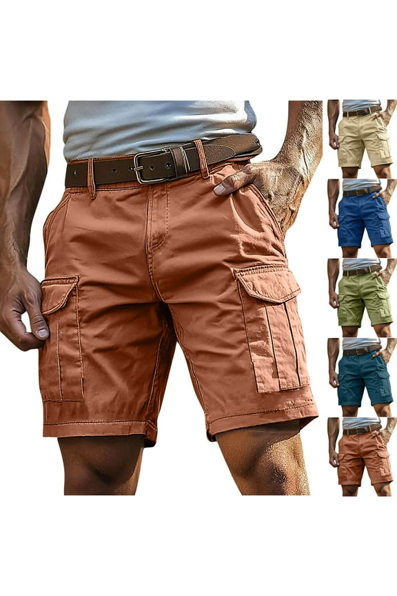 Athletic Cargo Shorts for Men Cotton Linen Elastic Waist Half Pants with Pockets Casual Lightweight Outdoor Beach Short Pants,Orange XL