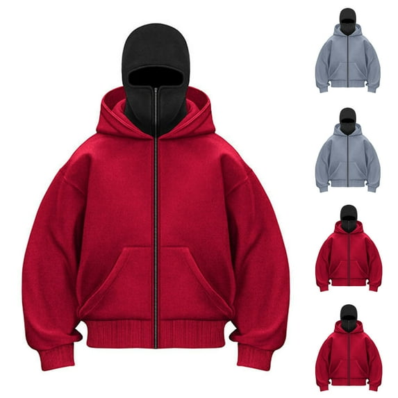Txeol Balaclava Zipper Hoodie for Men Double Hooded Sweatshirts with Pockets Fall Winter Fleece Lined Athletic Jackets,Red XXL