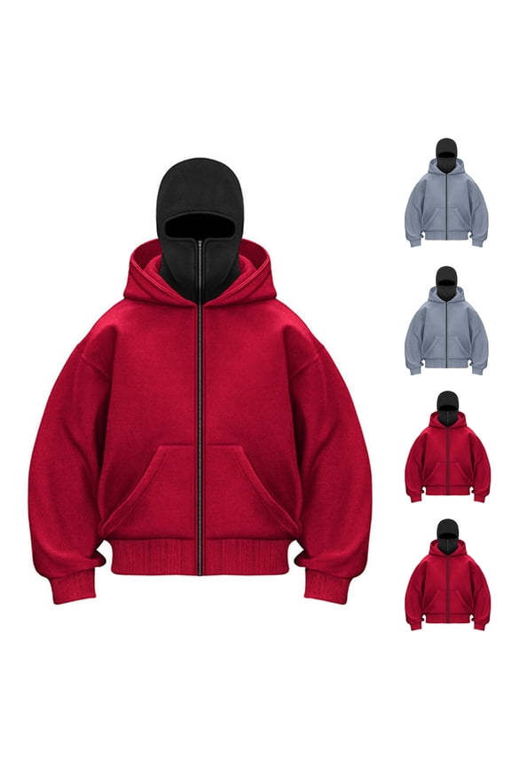 Balaclava Zipper Hoodie for Men Double Hooded Sweatshirts with Pockets Fall Winter Fleece Lined Athletic Jackets,S Red