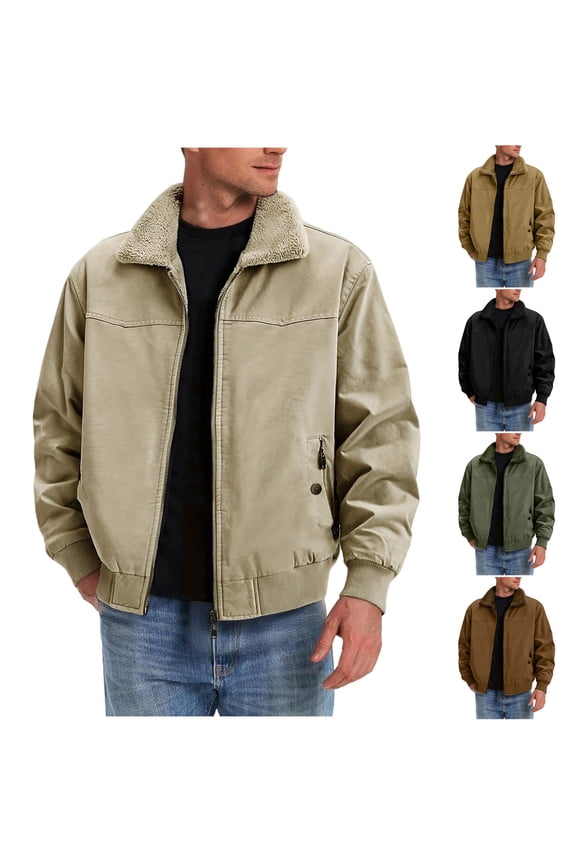 Beige Winter Coats Men Fleece Sherpa Jackes Zip Up Casual Cotton Bomber Jacket Outdoor Sport Warm Outwear with Fur Collar,L