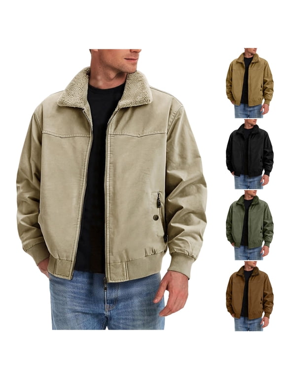 Beige Winter Coats Men Fleece Sherpa Jackes Zip Up Casual Cotton Bomber Jacket Outdoor Sport Warm Outwear with Fur Collar,XXXL
