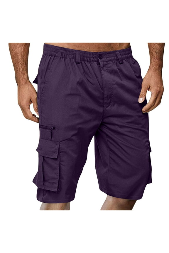 Big and Tall Mens Elastic Waist Cargo Shorts,2024 Summer Casual Bermuda Shorts with Multi Pocket Casual Short Pants Trendy Purple,M