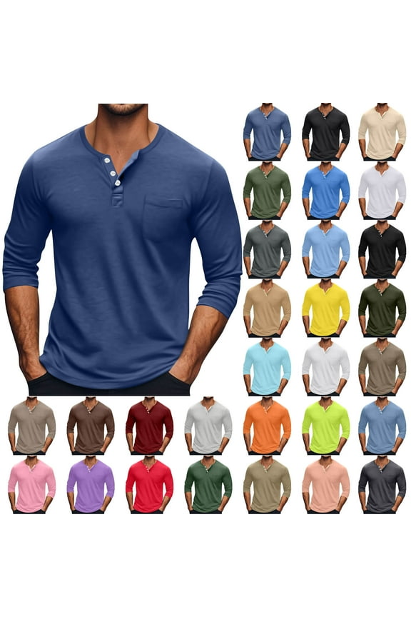 Big and Tall Mens Long Sleeve Henley Shirts Casual Button V Neck T Shirts Workout Muscle Tees with Pocket,Blue,XXL