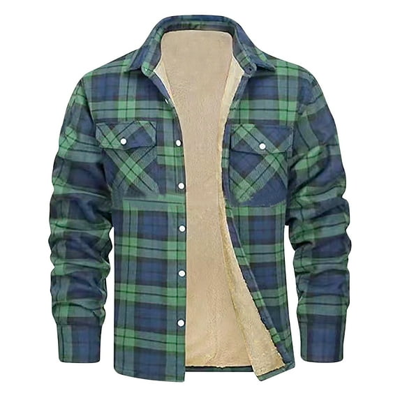 Txeol Big and Tall Winter Coats for Men Fashion Plaid Fleece Shirt Jackets Warm Sherpa Lined Long Sleeve Shackets with Pockets,Green,L
