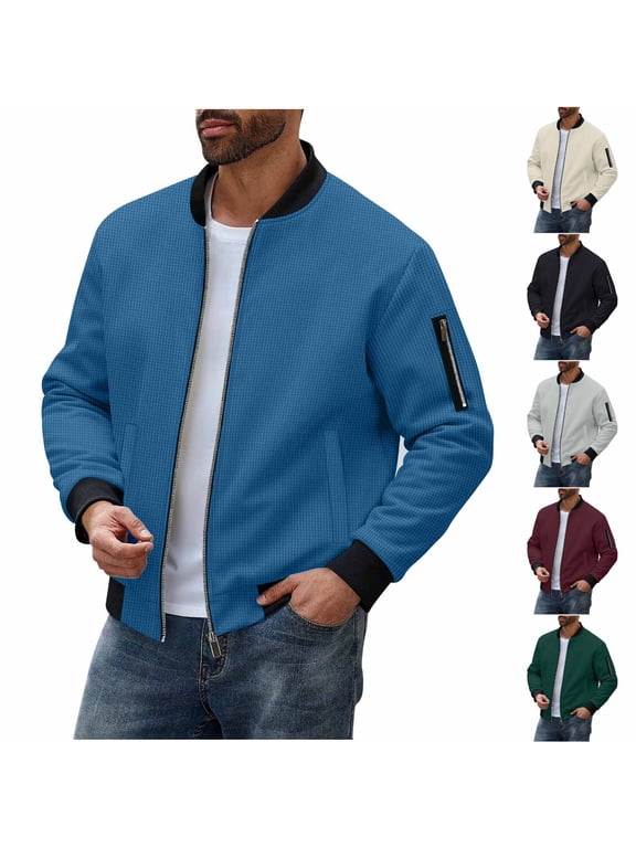 Blue Soft Shell Jackets for Men Lightweight Zipper Stand Collar Jacket Long Sleeve Comfy Outwear Coat with Pocket,S