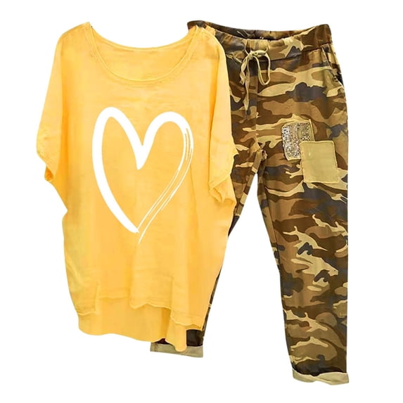 Txeol Capri Sets Women 2 Piece Outfits Two Piece Summer Outfits for Women Casual Cotton Linen Sets Heart Print Oversized T Shirts Camo Capri Pants 2024 Resort Wear
