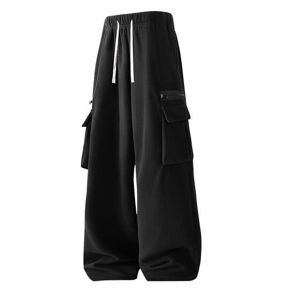 Txeol Cargo Pants for Men Fall Winter Warm Fleece Wide Leg Sweatpants Drawstring Elastic Waist Flap Pockets Trousers Streetwear Black,L