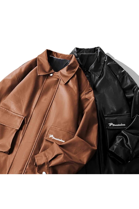 Coffee Leather Jacket for Men Faux Lightweight Bomber Jackets Motorcycle Vintage Lapel Coats with Zipper and Flap Pockets 2025,M