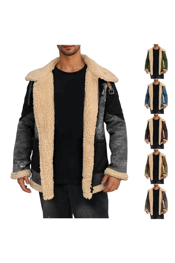 Coffee Sherpa Leather Jackets for Mens Long Sleeve Turtle Neck Coat Faux Fleece Lined Warm Fuzzy Jacket Coats,M