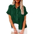 thumbnail image 1 of Txeol Cotton Linen Button Down Shirts for Women Collared Short Sleeve Work Blouse Trendy Loose Fit Summer Tops with Pocket 2024 Green,S, 1 of 8