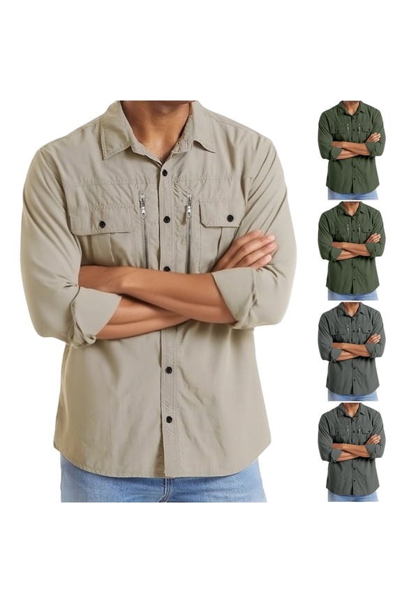 Cotton Long Sleeve Button Down Work Shirts for Men Casual Loose Fit Turndown Cargo Shirt with Multi Pockets,Army Green,M