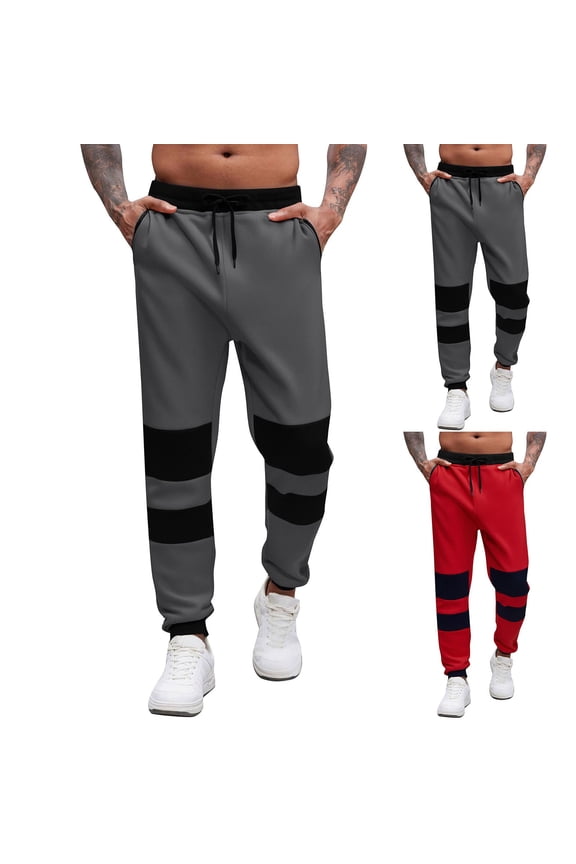 Dark Gray Stripe Block Joggers for Men Drawstring Waist Slim Fit Casual Outdoor Leisure Pants with Pockets,M
