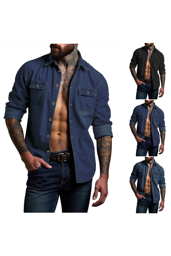 Denim Shirts for Men Big and Tall Roll Up Long Sleeve Button Down Casual Dress Shirts with Pockets,Black,XXXL