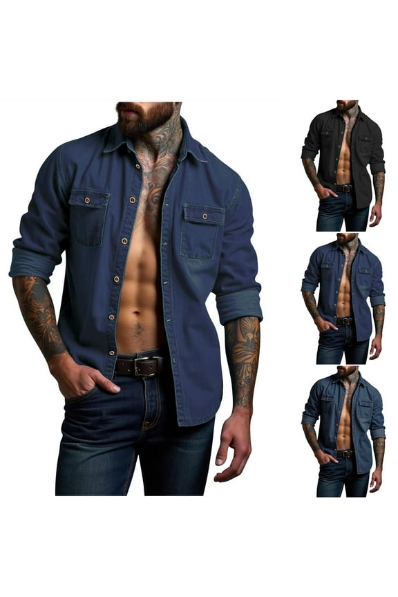 Denim Shirts for Men Big and Tall Roll Up Long Sleeve Button Down Casual Dress Shirts with Pockets,Navy,XXXL