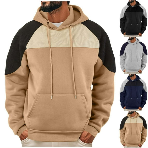 Txeol Drawstring Hoodie Men Colorblock Long Sleeve Pullover Casual Textured Patchwork Athletic Sweatshirts with Pocket,Khaki,S
