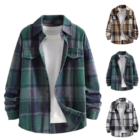 Txeol Flannel Shirt for Men Long Sleeve Button Down Lightweight Plaid Shirts Jacket Casual Lapel Shacket with Fake Pockets Khaki S