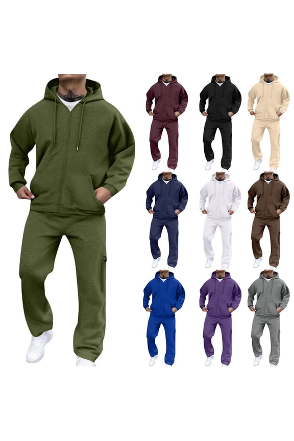 Fleece Hoodie Jogger Set Men 2 Piece Zip Up Sweatshirt Jackets Matching Cargo Sweatpants with Pockets Lightweight Outdoor Tracksuits L,Brown