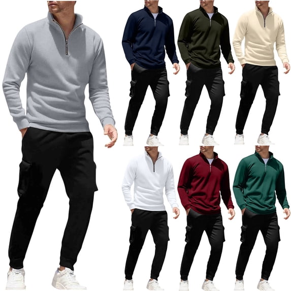 Txeol Fleece Sets for Men 2 Piece Quarter Zip Sweatshirts Matching Drawstring Cargo Pants with Pockets Fall Winter Lightweight Outdoor Lounge Suits XL Green