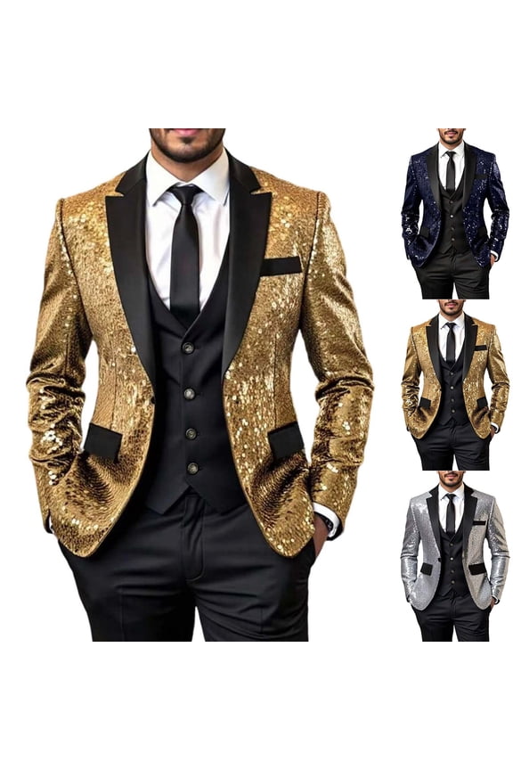 Gold Sequin Shiny Suit Jacket for Men One Button Slim Fit Sparkly Blazers Tuxedo for Wedding Prom Party 2025,XL