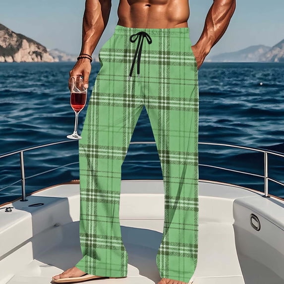 Txeol Green Plaid Pajama Pants Men Lightweight Elastic Waist Lounge Pants Big and Tall Straight Leg Drawstring Trousers with Pockets,L