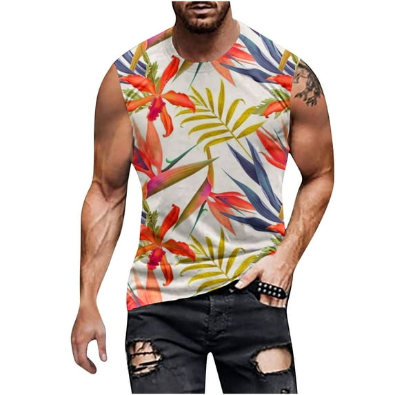 Txeol Hawaiian Print Tank Top for Men 2024,Men Tank Tops Beach Palm Tree Shirt Big and Tall Vintage Graphic Sleeveless T-Shirt Muscle Tees Shirts Streetwear Top Khaki M