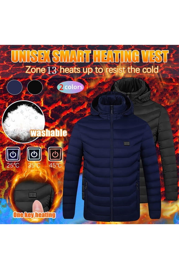 Heated Jacket for Men Women,Electric USB Charing Zip Up Hooded Jackets with Pockets 13 Heating Zones Outdoor Warm Coats,Blue,L