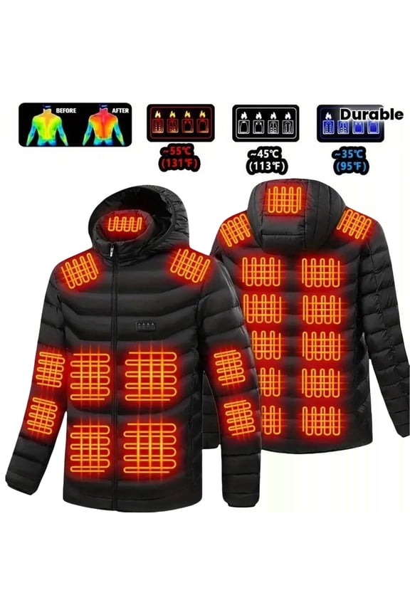 Heated Puffer Jackets for Men Smart USB Electric 24 Heating Zones Down Coats Four Control Hooded Heat Jackets with Pockets,Black,XXL