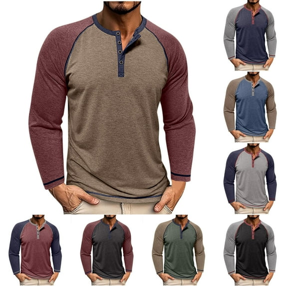 Txeol Henley Shirts for Men Vintage Casual Colorblock Long Sleeve Tshirts Sports Hiking Work Lightweight Tees,Khaki,S