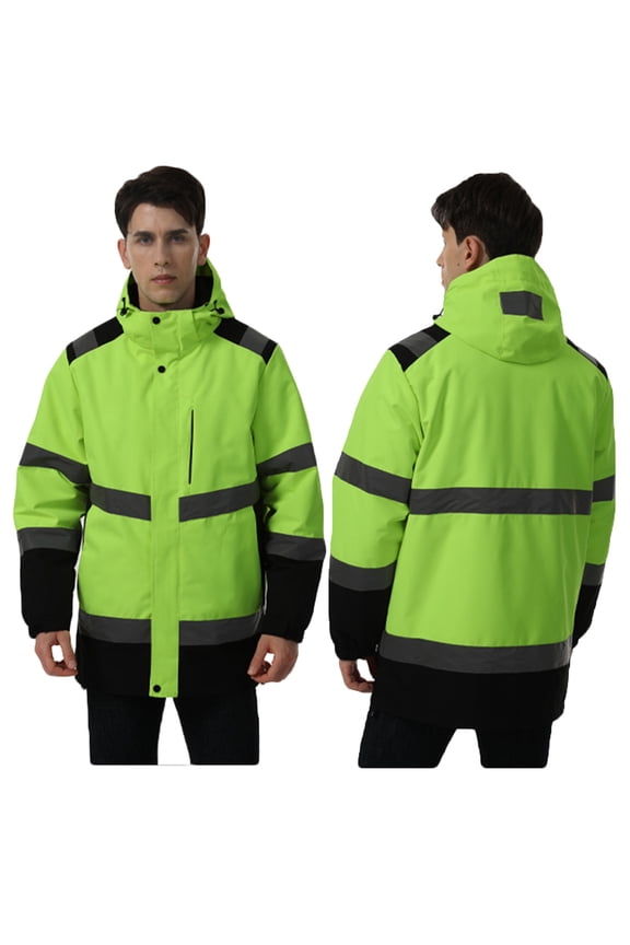 Hi Vis Reflective Rain Jacket Coat for Men USB Charging 29 Heating Zones Hooded Jackets Waterproof Outdoor Work Heated Raincoat with Pockets,Green,L