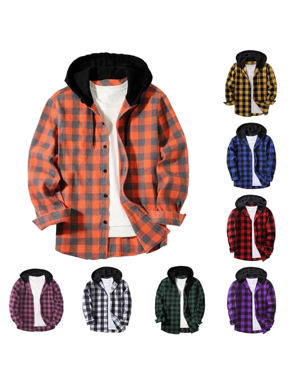 Hoodies for Men Fashion Plaid Button Down Sweatshirts Jackets Outdoor Long Sleeve Shacket with Hood Christmas Gifts,Orange S