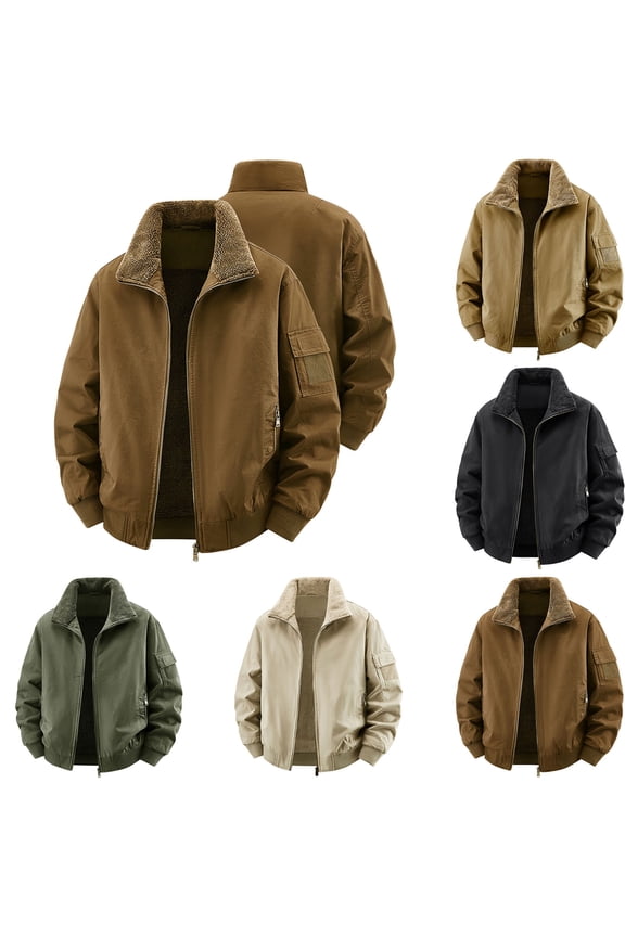 Khaki Fleece Jacket for Men Sherpa Lined Zip Up Winter Warm Coat Casual Outdoor Thick Soft Plush Bomber Jackets with Pockets 2025,L