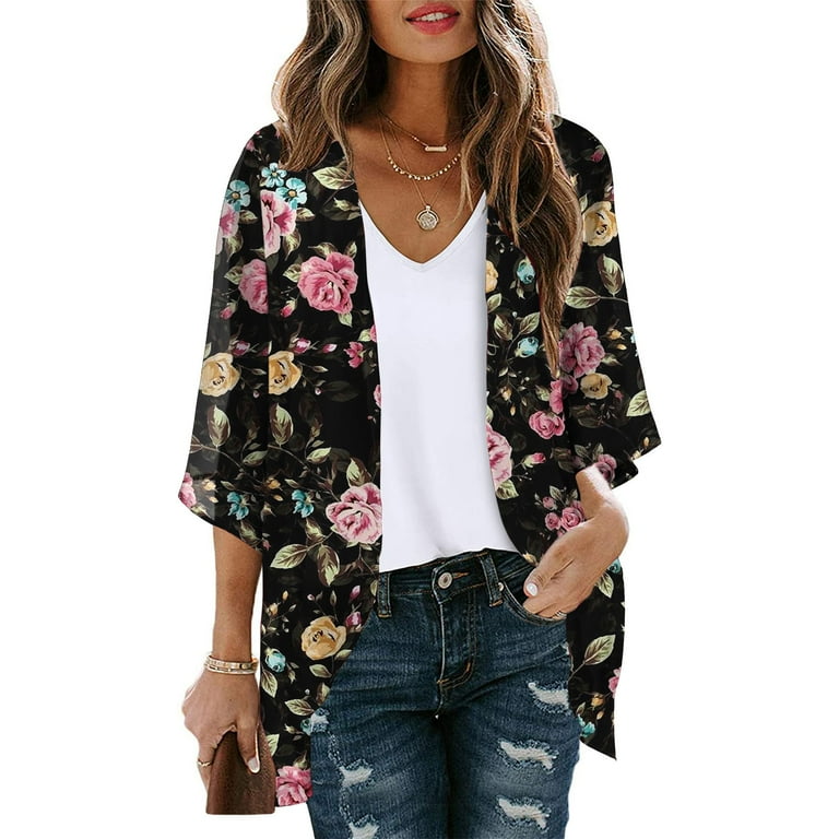 Txeol Ladies Kimono Cardigans Kimonos for Women Plus Size Casual Cover Up Floral Print Puff Sleeve Kimono Cardigan Lightweight Summer Cruise Outfits Black S Walmart