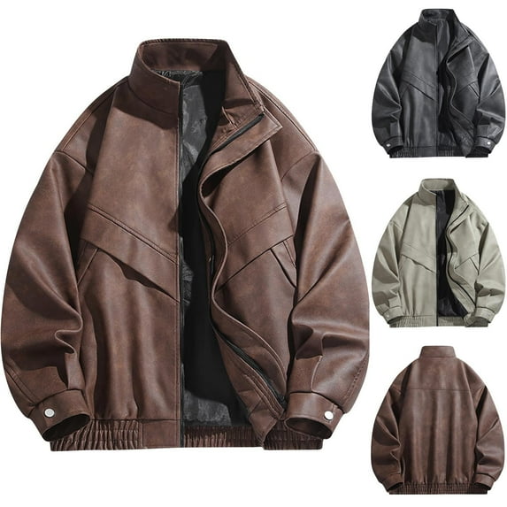 Txeol Leather Bomber Jacket Men Vintage Motorcycle Jackets Full Zip Long Sleeve Lightweight Coat with Pockets 2025,Brown,M