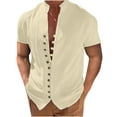thumbnail image 1 of Txeol Linen Shirts for Men Big and Tall,Men's Short Sleeve Button Up Linen Shirts V Neck Loose Lightweight Summer Casual Solid Color Beach Shirts Khaki XL, 1 of 6