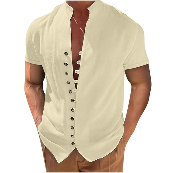 Txeol Linen Shirts for Men Big and Tall,Men's Short Sleeve Button Up Linen Shirts V Neck Loose Lightweight Summer Casual Solid Color Beach Shirts Khaki XL
