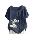 thumbnail image 1 of Txeol Linen Short Sleeve Tops for Women,Plus Size Women Cotton Linen Button Shirt 2024 Spring Casual Crewneck Flower Graphic Tee Gauze Tunic Top Blouse,Navy,M, 1 of 5