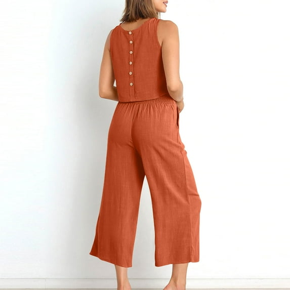Txeol Linen Two Piece Set Women 2024,Womens 2 Piece Outfits Summer Sleeveless Tank Crop Button Back Top Capri Wide Leg Pants Linen Set with Pockets Clearance Sales Today Deals