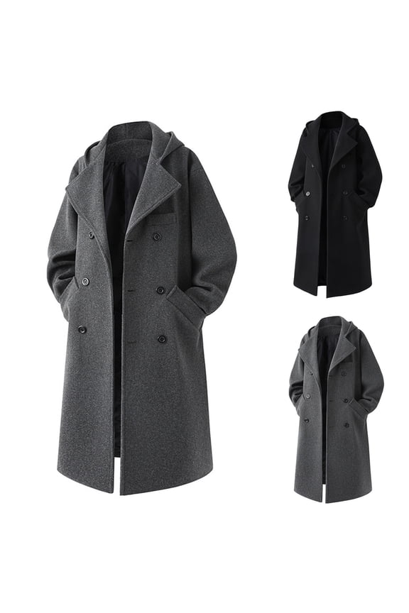 Men Long Wool Blend Peacoats Hooded Double Breasted Notched Lapel Trench Coat Warm Winter Jacket Overcoat with Pocket,Black,L