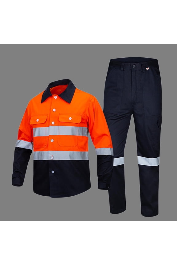 Men's 2 Pieces Outfits Safety Work Uniform Reflective High Visibility Jackets and Labor Pants Outdoor Button Down Workwear Set with Pockets Yellow S