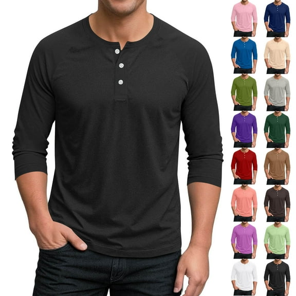 Txeol Men's 3/4 Sleeve Baseball T-Shirts Casual Button V Neck Henley Shirts Solid Color Athletic Tees Pullover Tops,Black,S