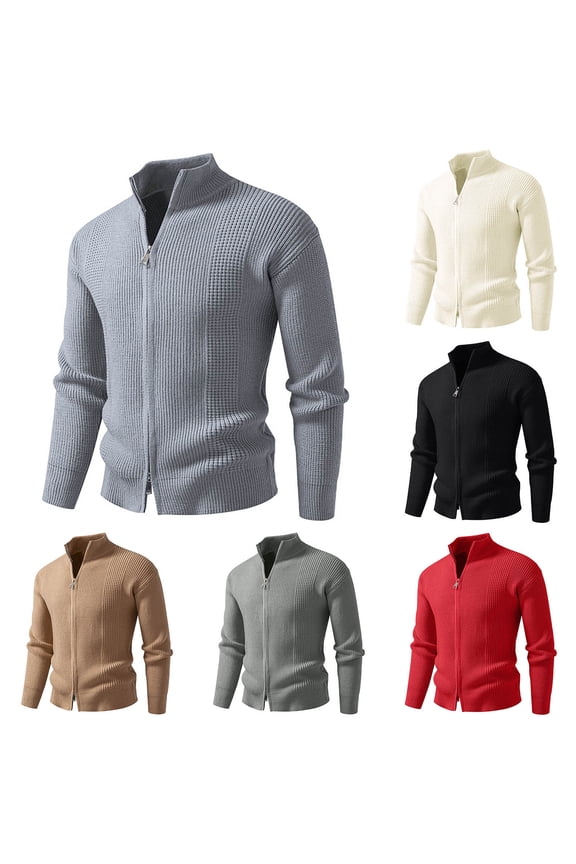 Men's Business Casual Cardigan Sweaters Slim Fit Cable Knitted Sweater Full Zip Mock Neck Knit Jacket 2025,Gray,L