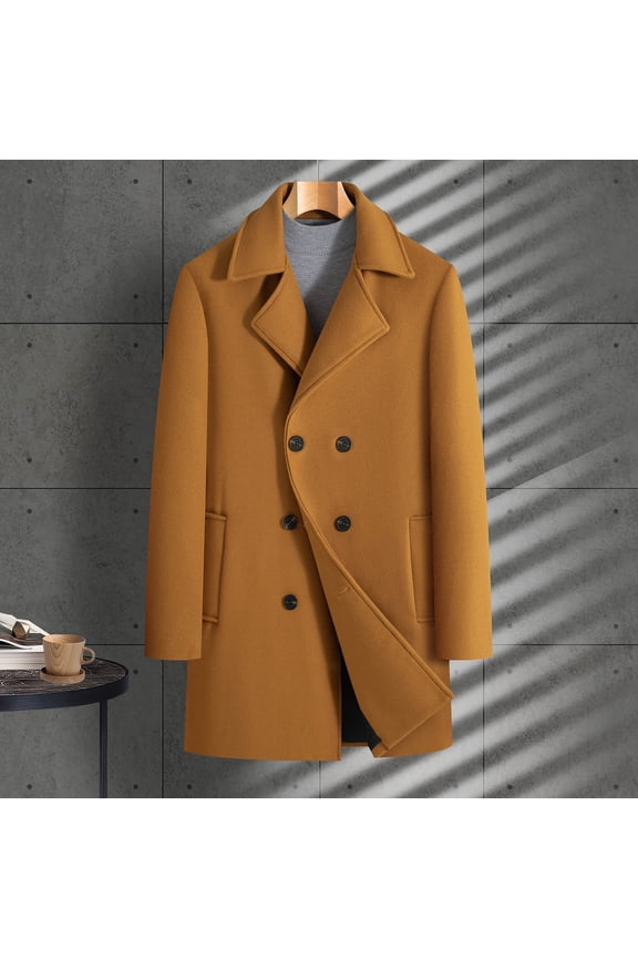 Men's Classic Notched Collar Double Breasted Wool Blend Pea Coat Mid Length Button Down Warm Trench Coats with Pockets,Brown,M