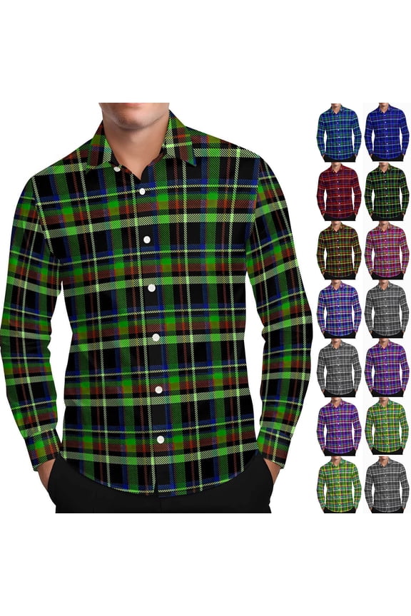 Men's Clothing Long Sleeve Checkered Shirts Casual Button Down Plaid Dress Shirts Vacation Work Tops,Blue,XXXL
