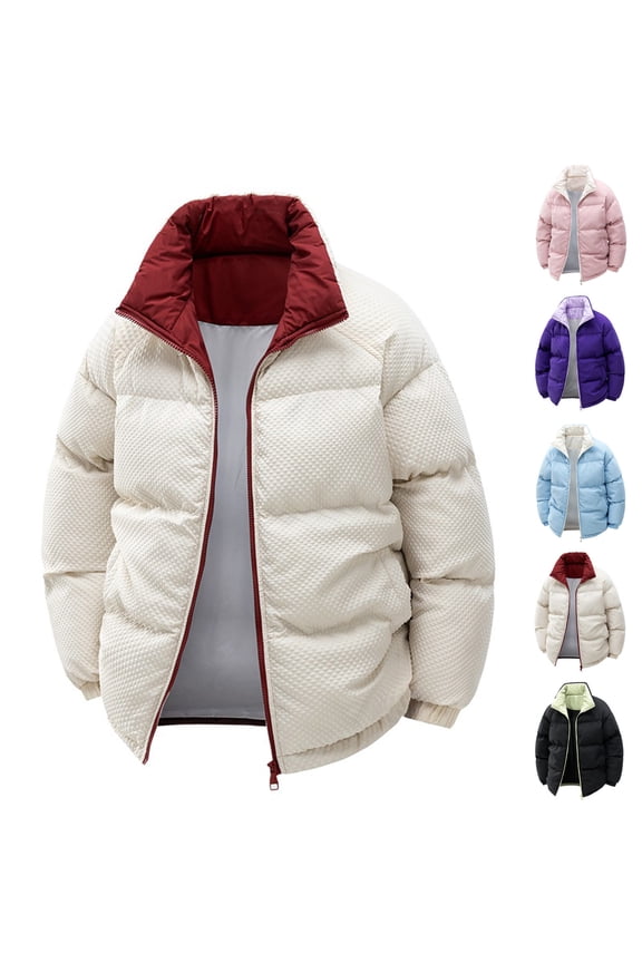 Men's Color Block Puffer Jacket Thickened Warm Winter Coats Stand Collar Zip Up Overcoats with Pockets 2025,Blue,XXL