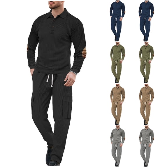 Txeol Men's Corduroy Sets 2 Piece Quarter Button Lapel Pullover and Drawstring Cargo Pants Set Fall Winter Outdoor Lounge Suits Gray,XXXL