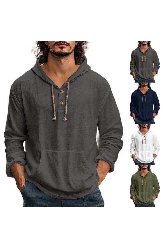 Men's Cotton Hooded Shirts with Pocket Button Long Sleeve Drawstring Casual Tops Loose Fit Lightweight Street Tshirts,L Dark Gray