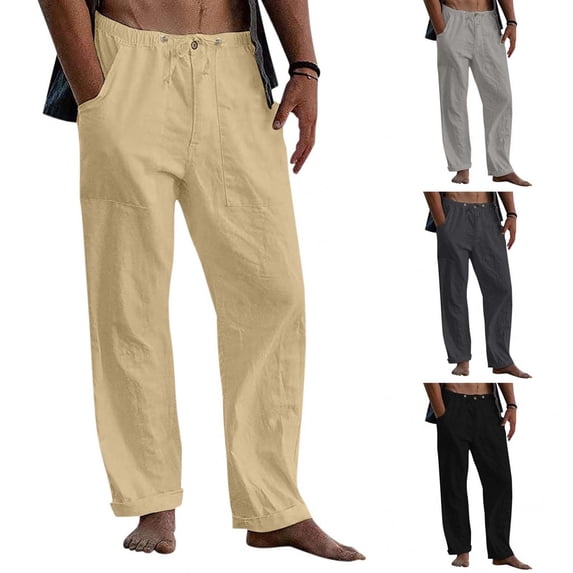 Txeol Men's Cotton Linen Beach Pants Loose Casual Drawstring Wasit Slacks with Pockets,Black,L
